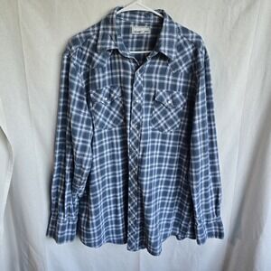 Wrangler Men's M Western Pearl Snap Shirt Blue Plaid Long Sleeve Cowboy